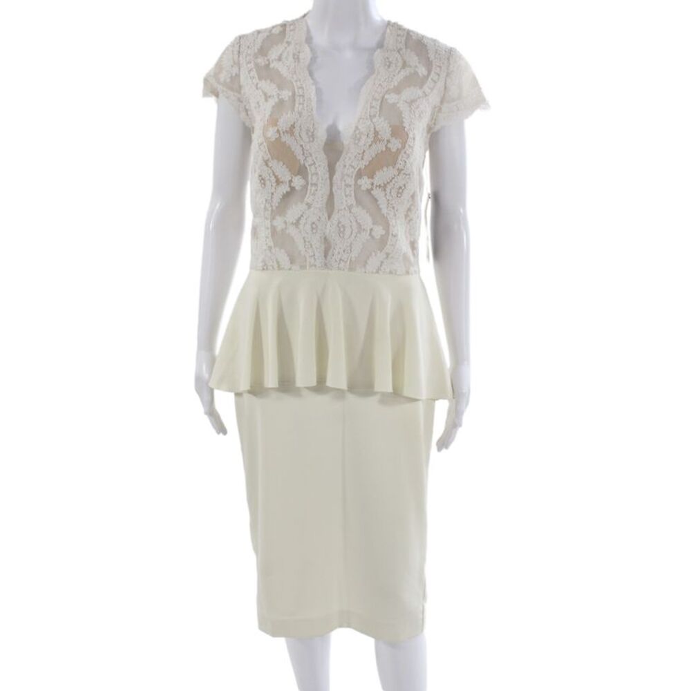 Aida Womens Pencil Dress Beige V-Neck Short Sleeve Wedding Size 10